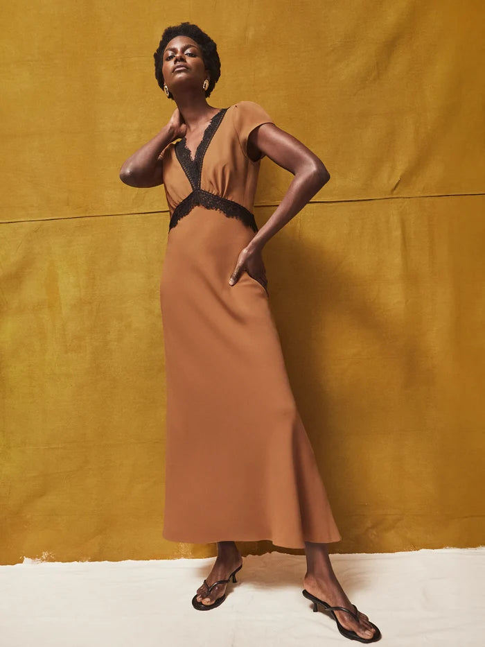 Caramel Lace Trim Dress
