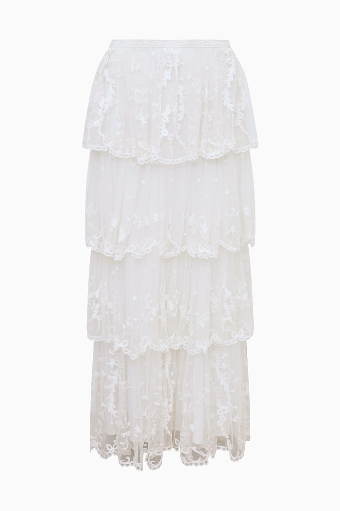 Celesa Embroidered Mesh Tiered Maxi Skirt