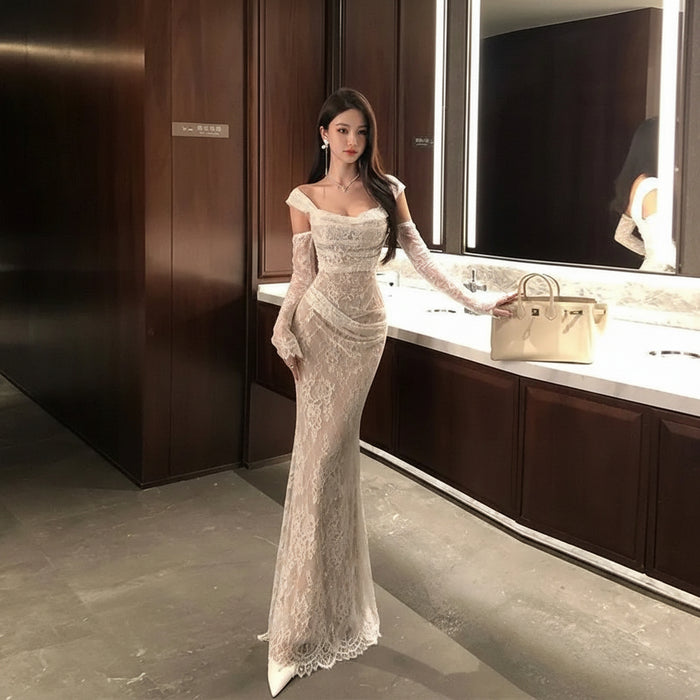 Cold Shoulder Lace Gown Dress - Fashionnsio