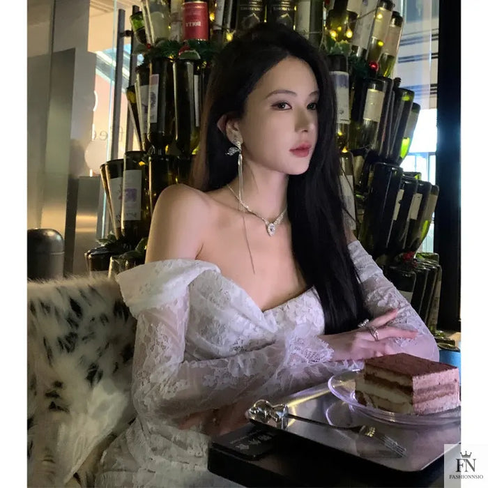 Cold Shoulder Lace Gown Dress - Fashionnsio