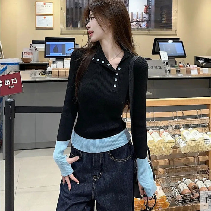 Color Contrasting Knitted Sweater Top - Fashionnsio