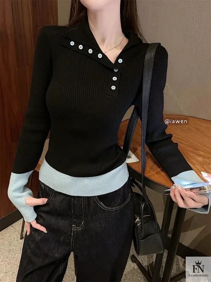 Color Contrasting Knitted Sweater Top - Fashionnsio