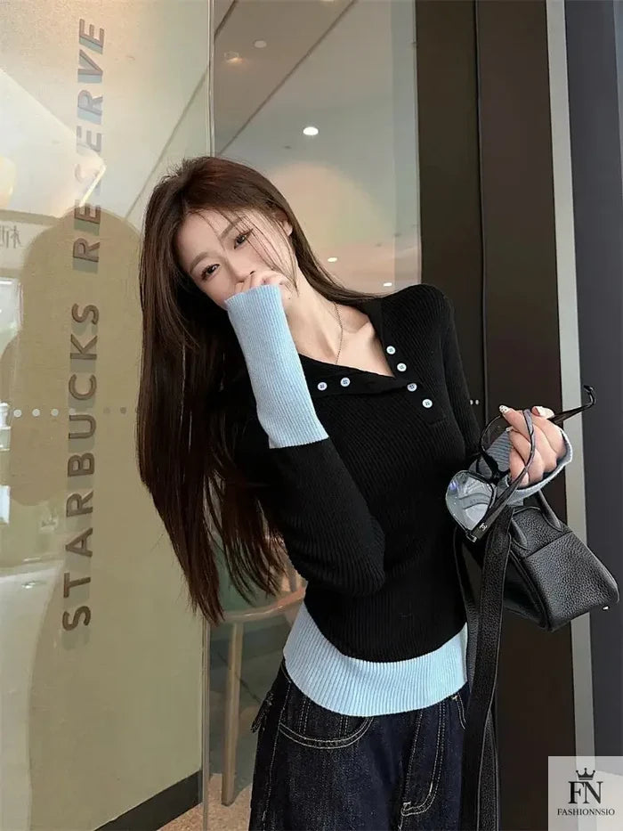 Color Contrasting Knitted Sweater Top - Fashionnsio