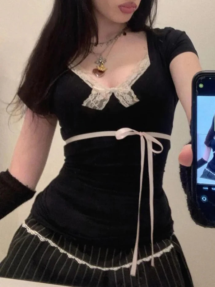 Ribbon Bow Lace Coquette Top fashionnsio