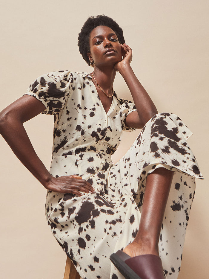 Cow-Print Button-Front Shirt Dress