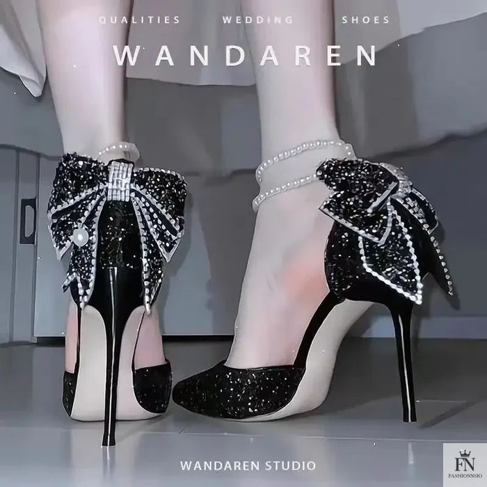 Crystal Bow Sequin Pearl Heels - Fashionnsio