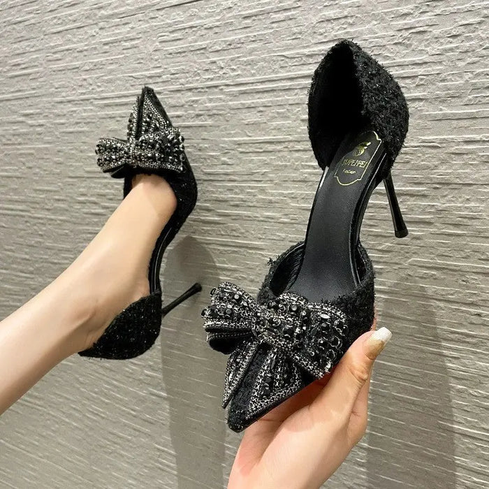 Crystal Bow Sequin Cloth Heels fashionnsio