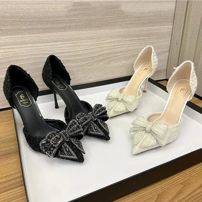 Crystal Bow Sequin Cloth Heels fashionnsio