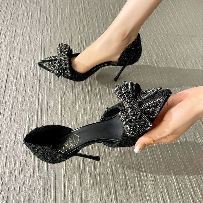 Crystal Bow Sequin Cloth Heels fashionnsio