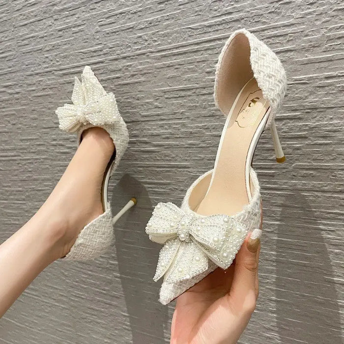 Crystal Bow Sequin Cloth Heels fashionnsio
