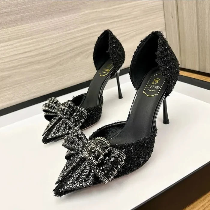 Crystal Bow Sequin Cloth Heels fashionnsio