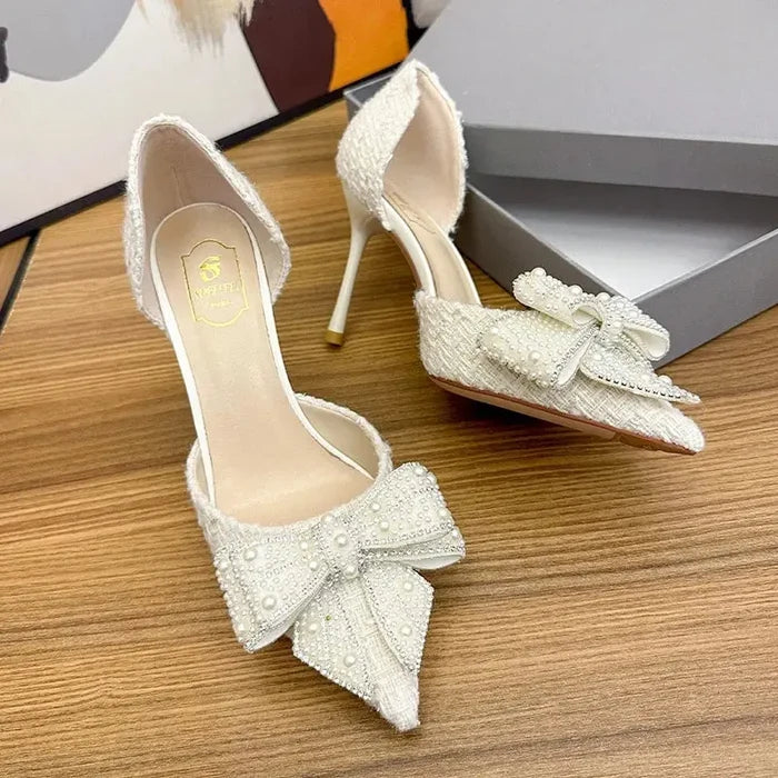 Crystal Bow Sequin Cloth Heels fashionnsio