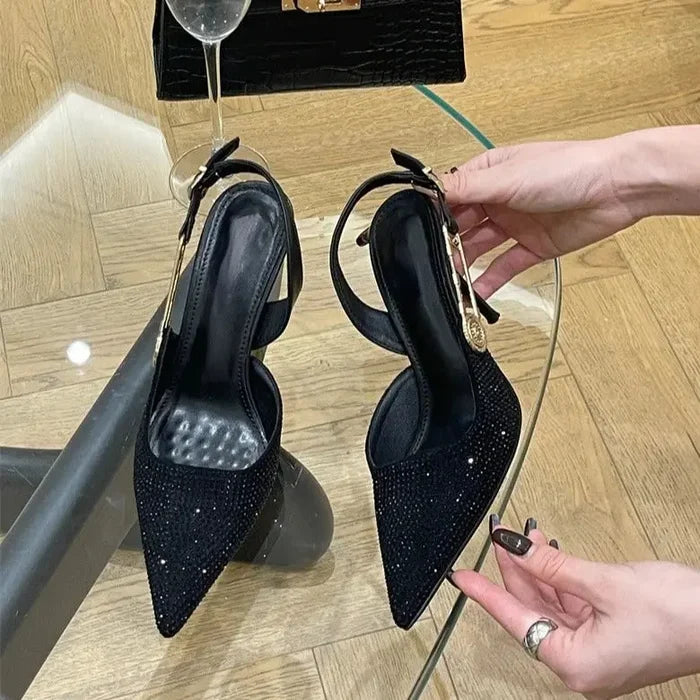 Rhinestone Buckle Pointed Toe Heels fashionnsio