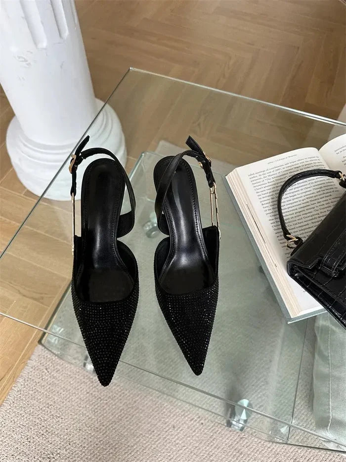 Rhinestone Buckle Pointed Toe Heels fashionnsio