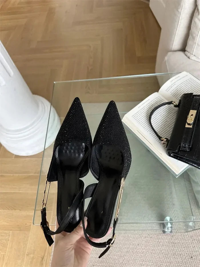 Rhinestone Buckle Pointed Toe Heels fashionnsio