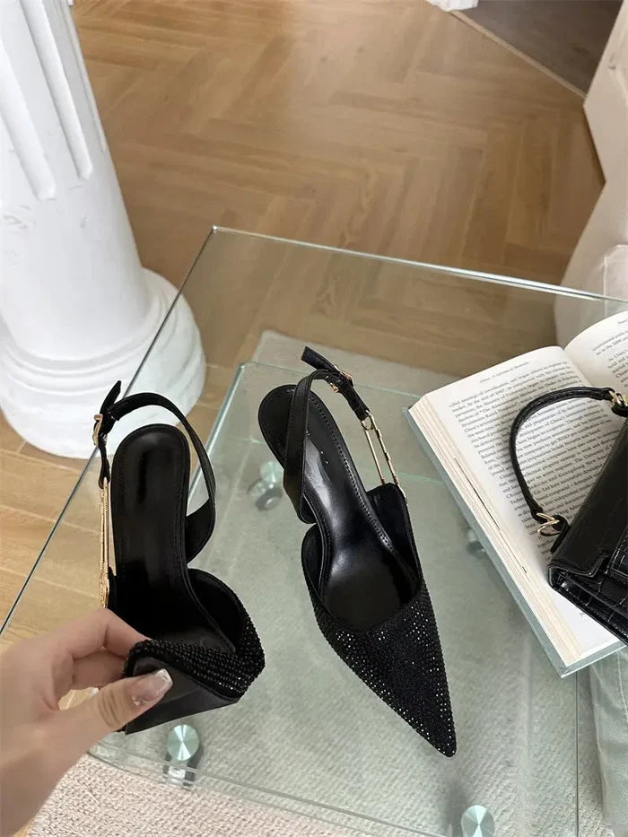 Rhinestone Buckle Pointed Toe Heels fashionnsio