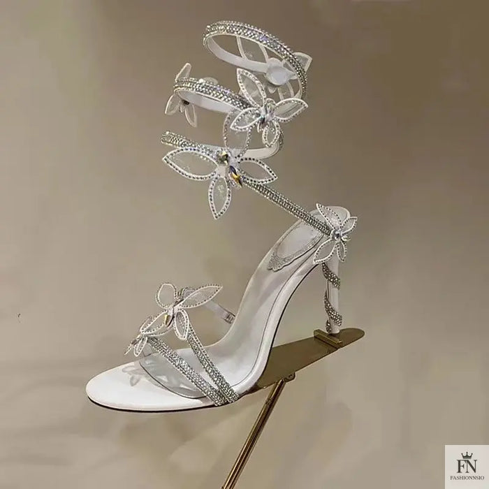 Crystal Embellished Butterfly Winding Heels - Fashionnsio