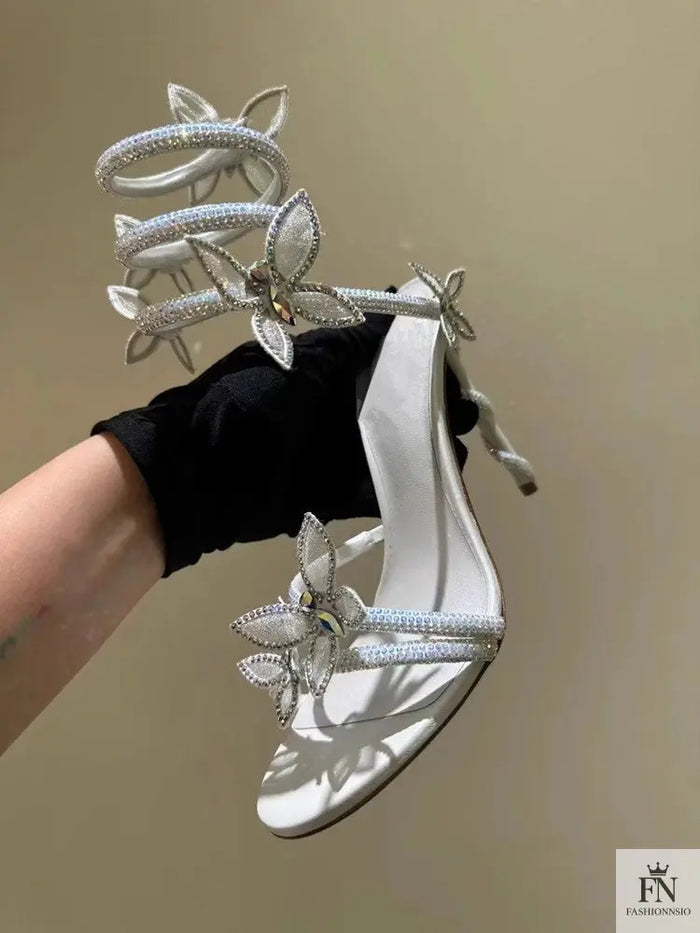 Crystal Embellished Butterfly Winding Heels - Fashionnsio