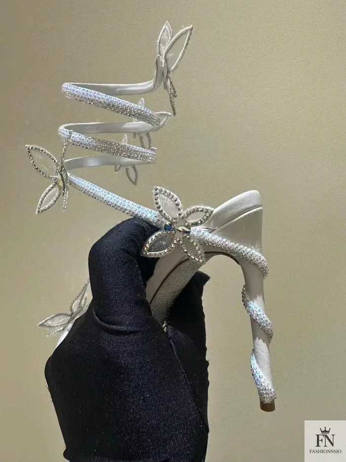 Crystal Embellished Butterfly Winding Heels - Fashionnsio