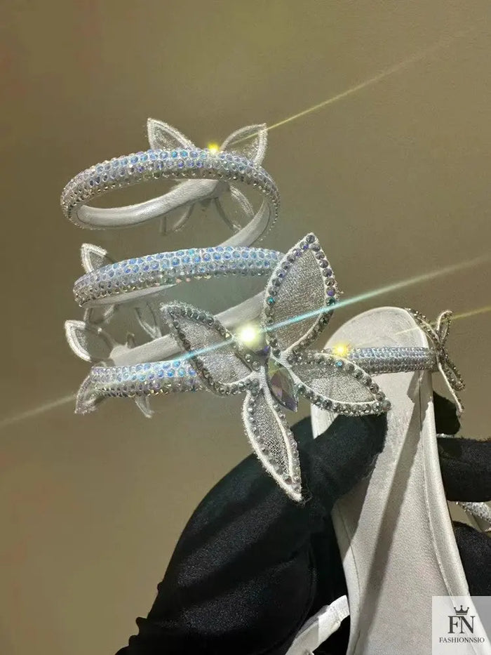 Crystal Embellished Butterfly Winding Heels - Fashionnsio