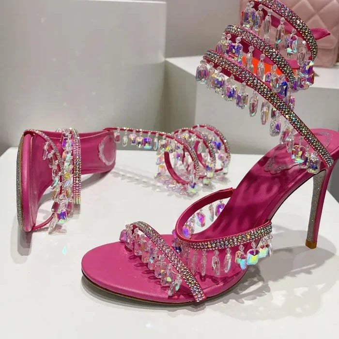 Crystal Tassel Snake Wrapped Heels fashionnsio