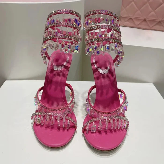 Crystal Tassel Snake Wrapped Heels fashionnsio