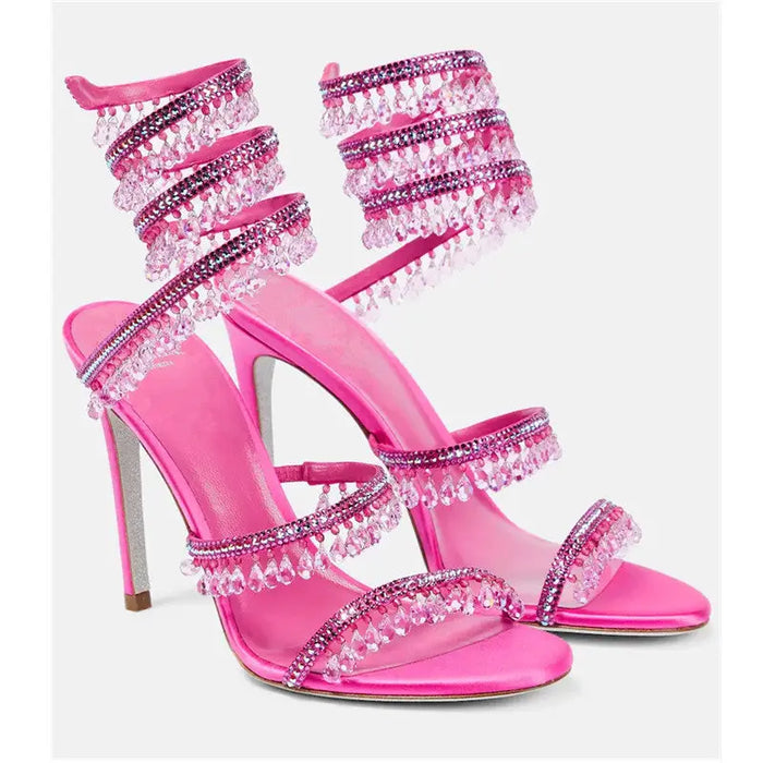 Crystal Tassel Snake Wrapped Heels fashionnsio