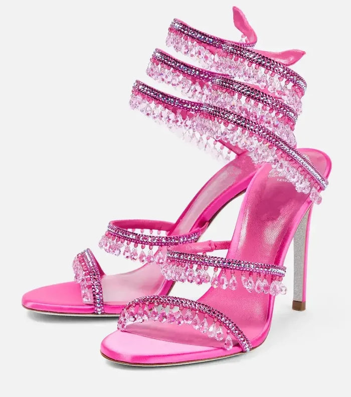 Crystal Tassel Snake Wrapped Heels fashionnsio