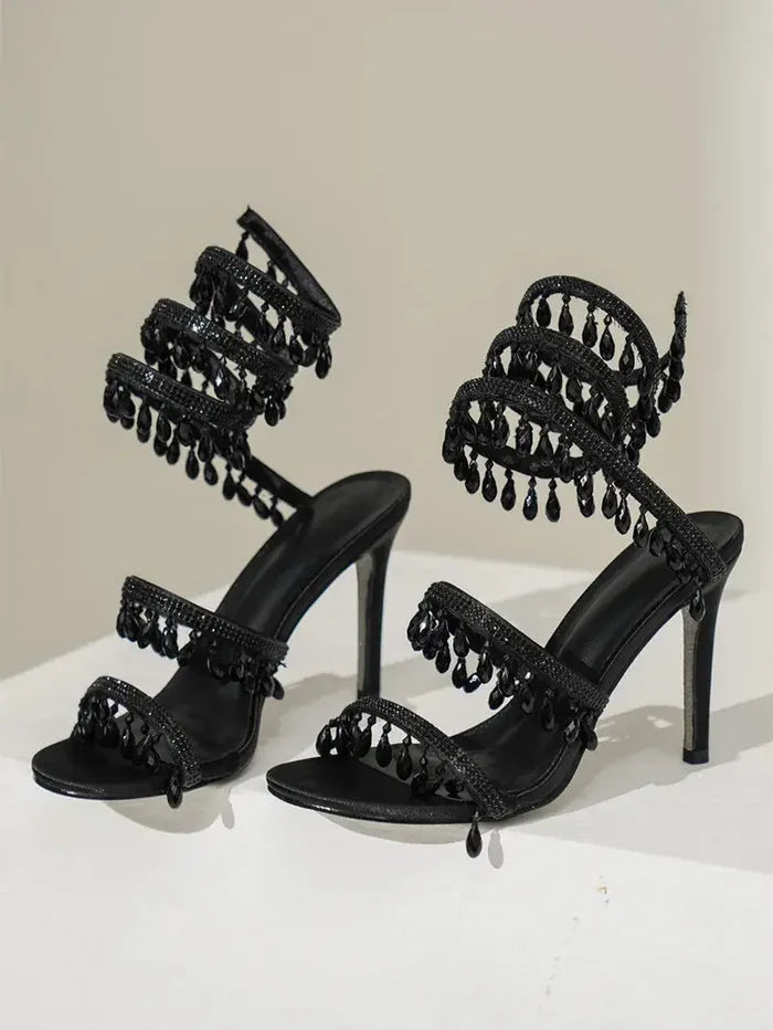 Crystal Tassel Snake Wrapped Heels fashionnsio