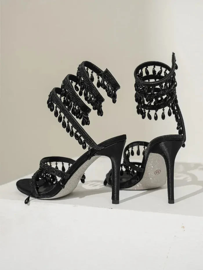 Crystal Tassel Snake Wrapped Heels fashionnsio