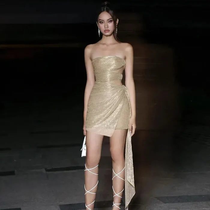Hollow Out Shiny Long Ribbon Dress fashionnsio