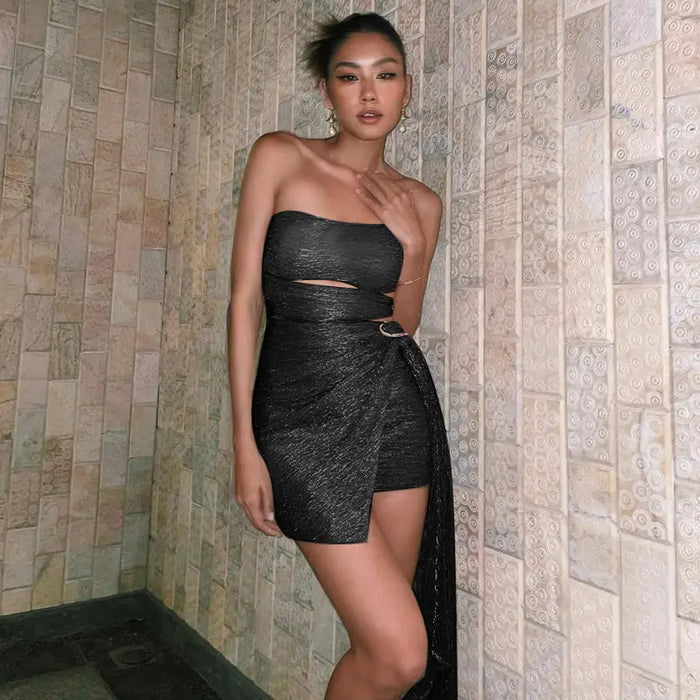 Hollow Out Shiny Long Ribbon Dress fashionnsio