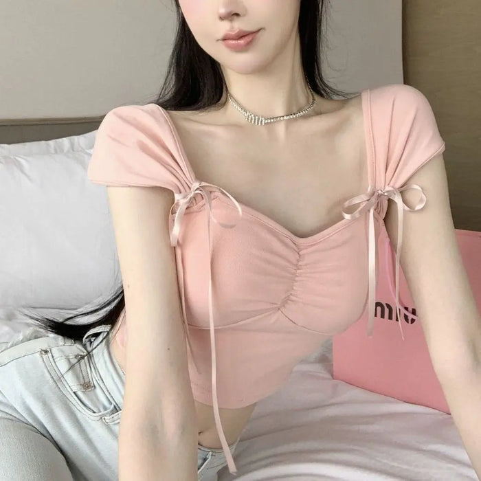 Pleated Bow Strap Crop Top fashionnsio