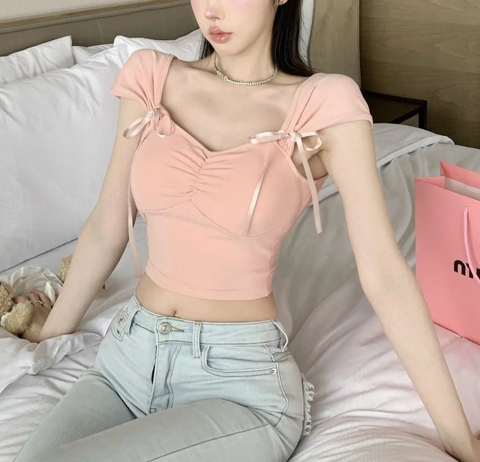 Pleated Bow Strap Crop Top fashionnsio