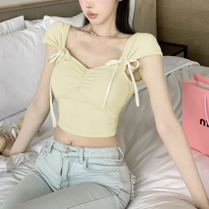 Pleated Bow Strap Crop Top fashionnsio