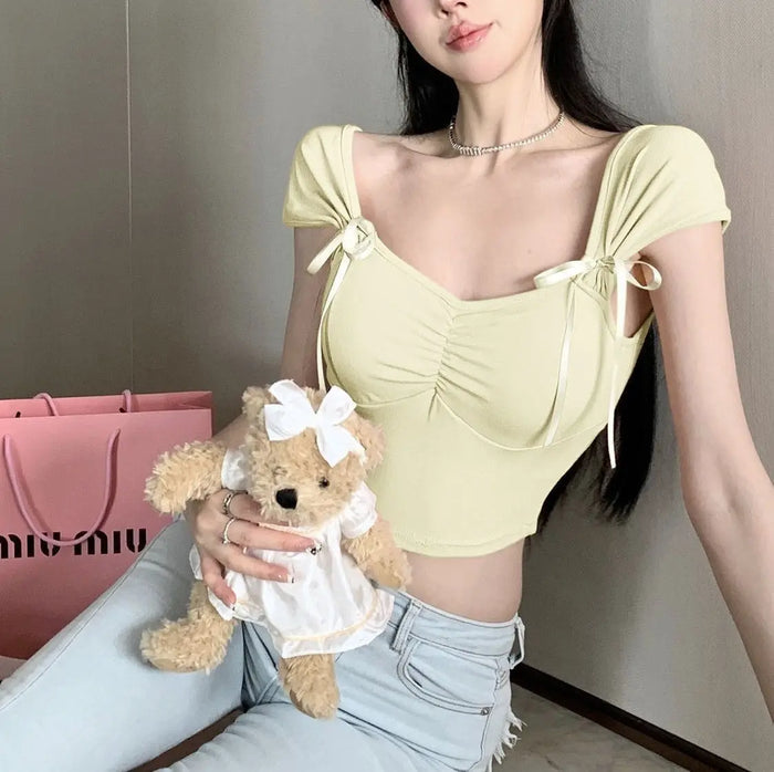 Pleated Bow Strap Crop Top fashionnsio