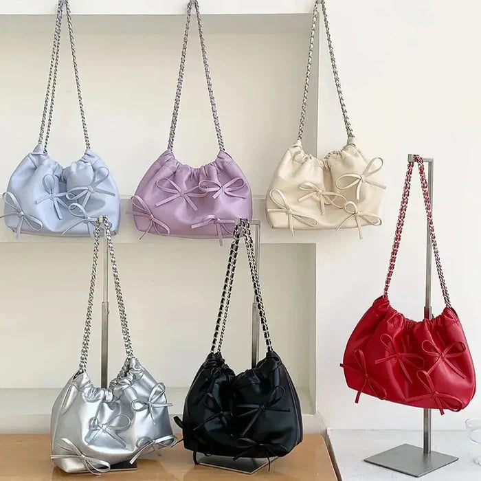 Cute Bow Pleated Chain Bucket Bags fashionnsio