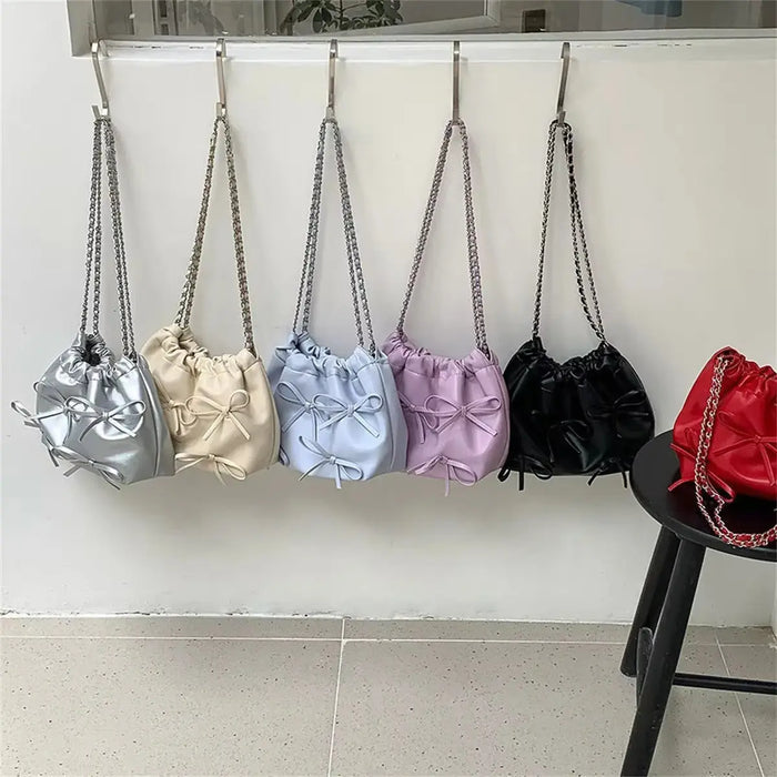 Cute Bow Pleated Chain Bucket Bags fashionnsio