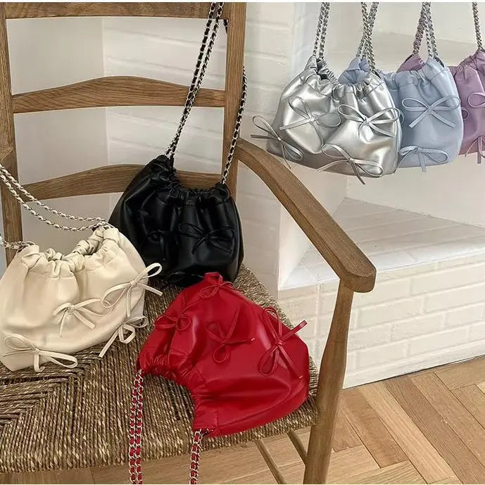 Cute Bow Pleated Chain Bucket Bags fashionnsio