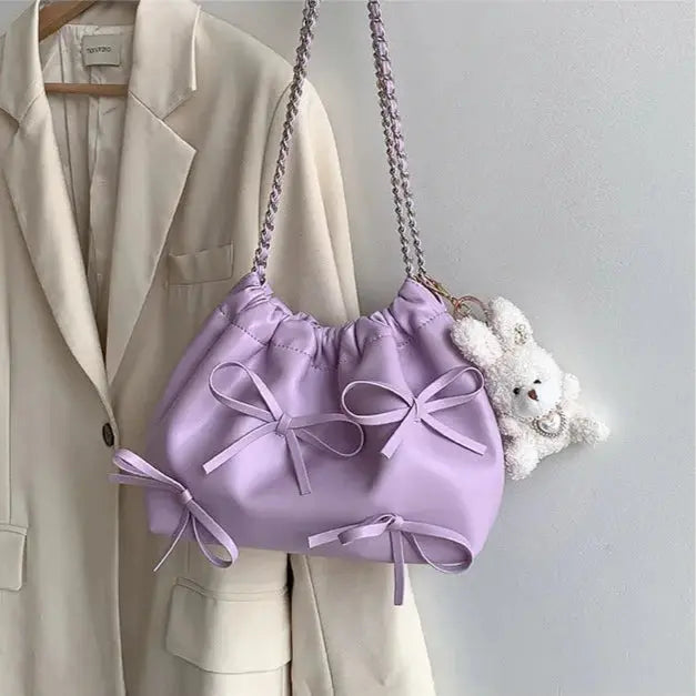 Cute Bow Pleated Chain Bucket Bags fashionnsio