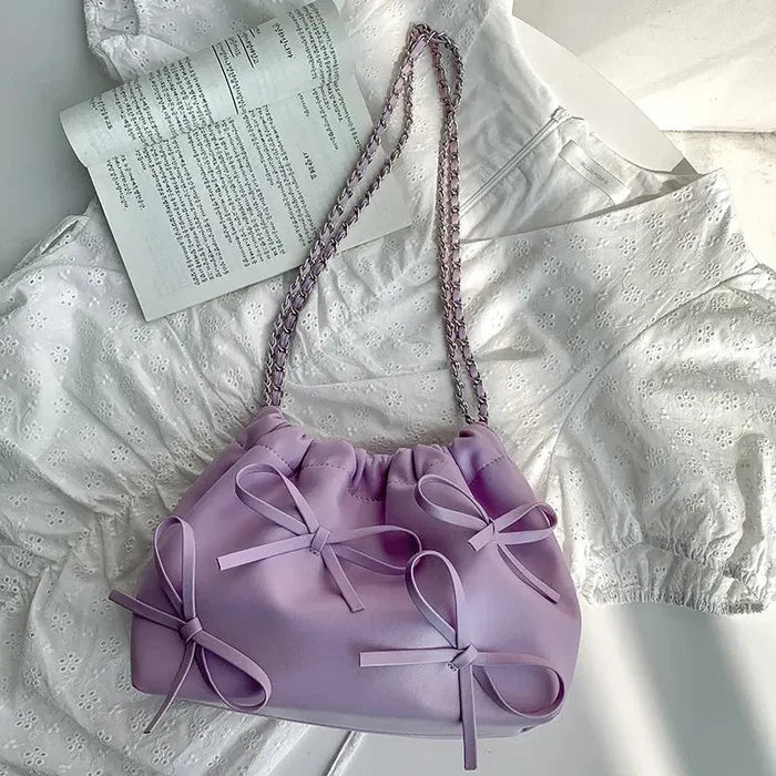 Cute Bow Pleated Chain Bucket Bags fashionnsio