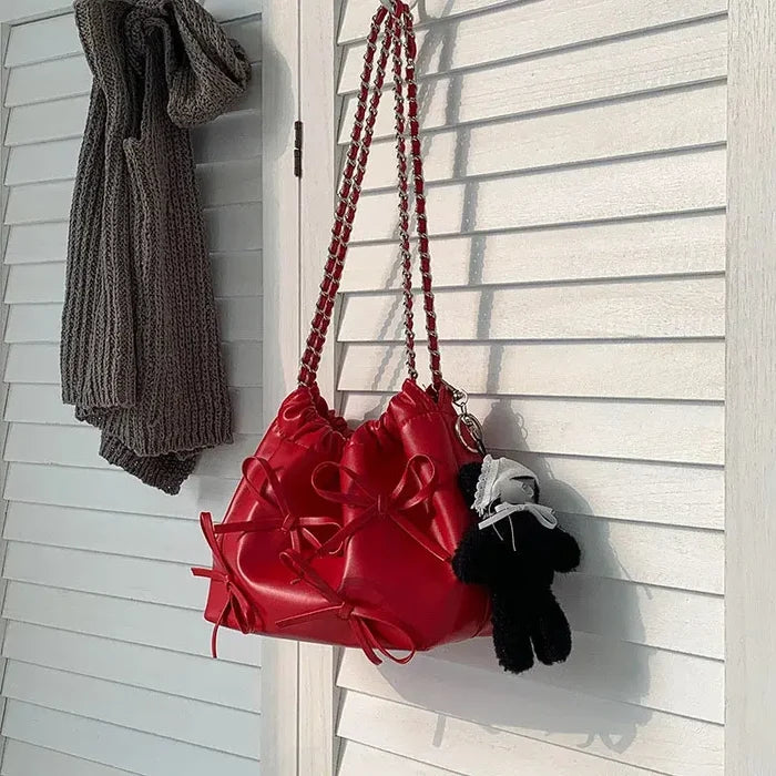 Cute Bow Pleated Chain Bucket Bags fashionnsio