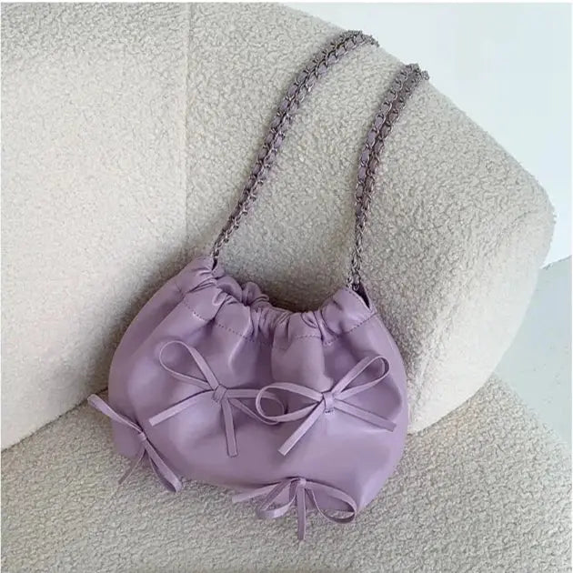 Cute Bow Pleated Chain Bucket Bags fashionnsio