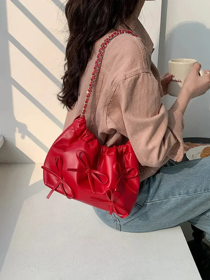 Cute Bow Pleated Chain Bucket Bags fashionnsio