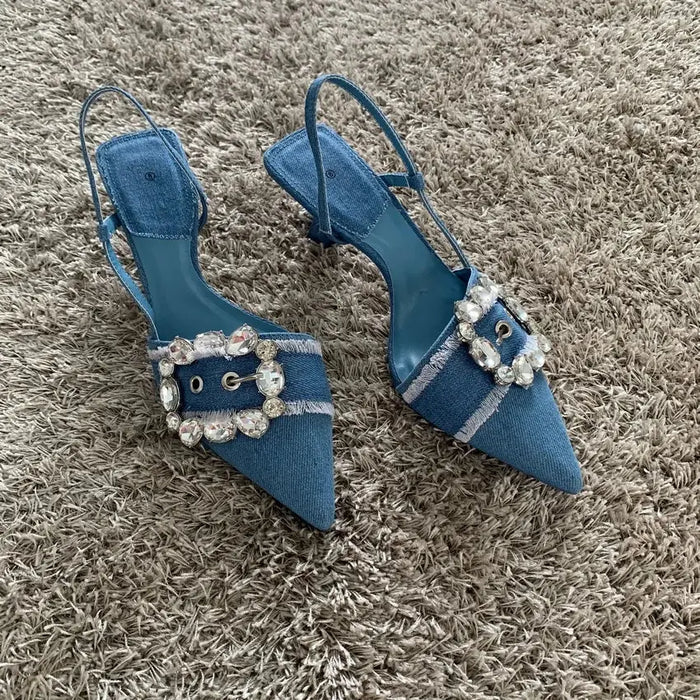 Denim Rhinestone Buckle Heels fashionnsio