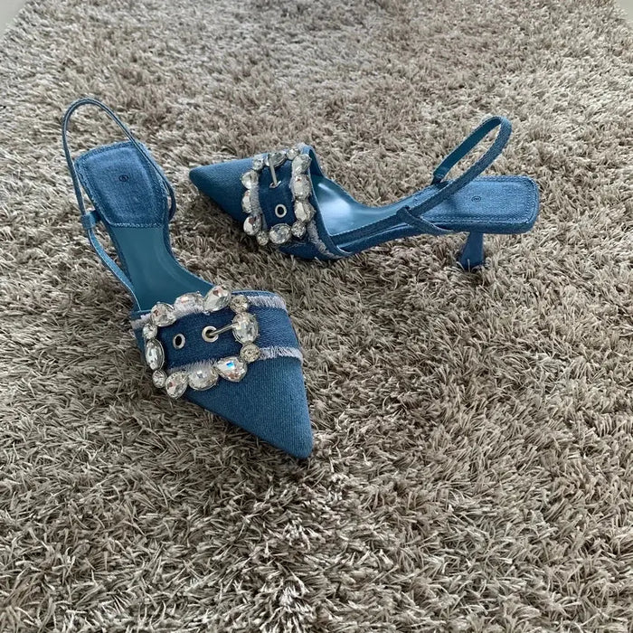 Denim Rhinestone Buckle Heels fashionnsio