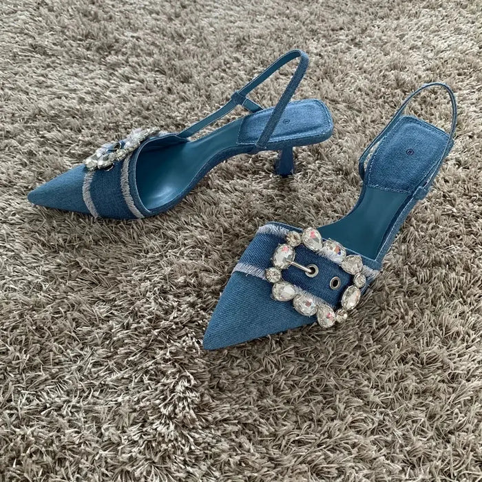 Denim Rhinestone Buckle Heels fashionnsio