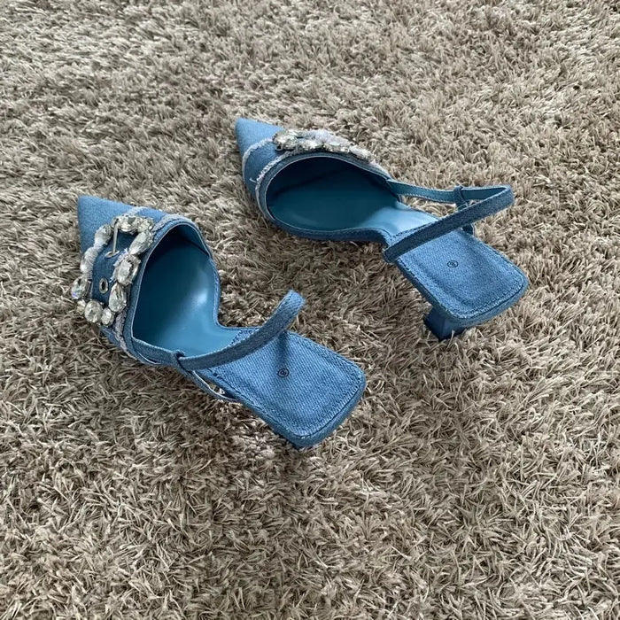 Denim Rhinestone Buckle Heels fashionnsio