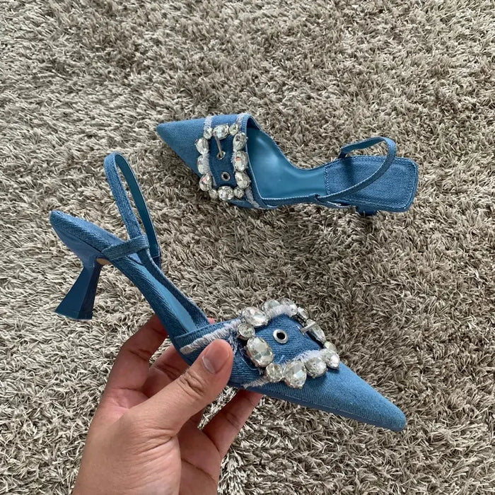 Denim Rhinestone Buckle Heels fashionnsio