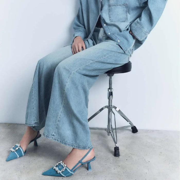 Denim Rhinestone Buckle Heels fashionnsio